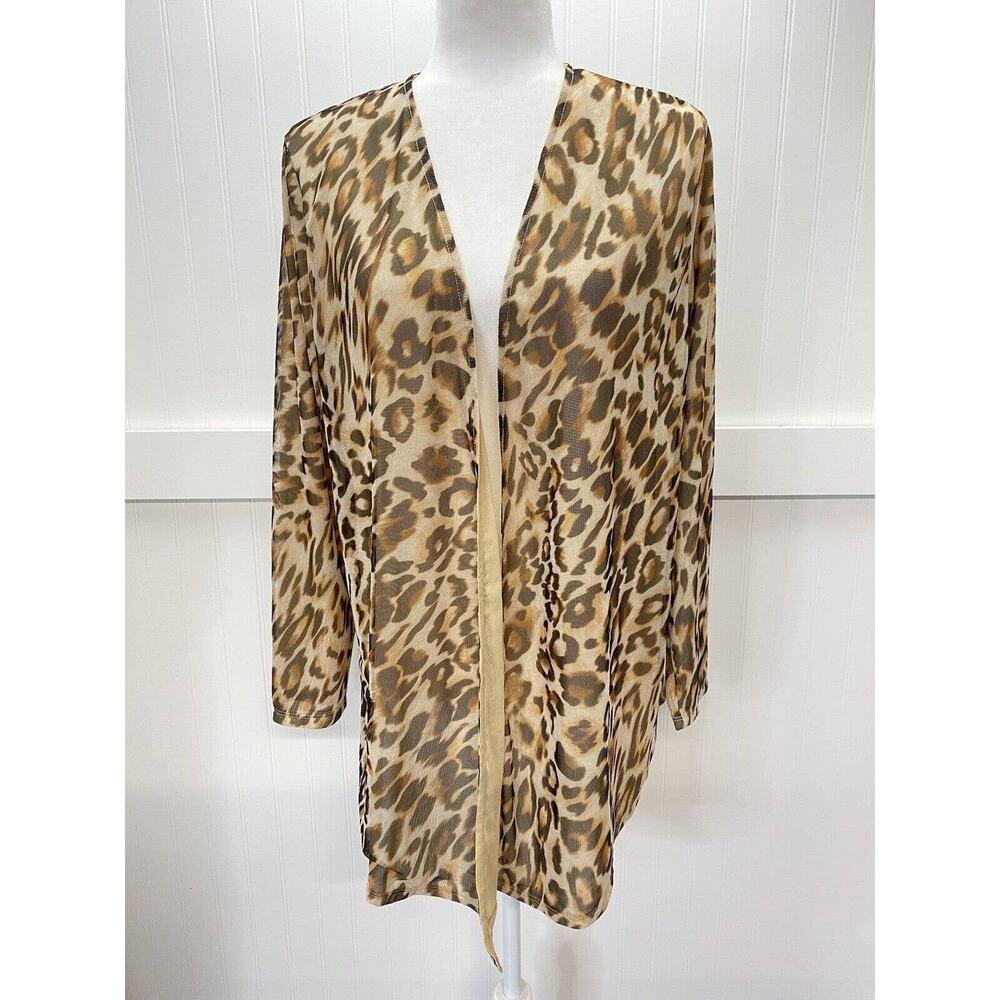 Leopard Animal Print Cardigan Chicos Open Front 2 (Large) Brown Lightweight Mesh